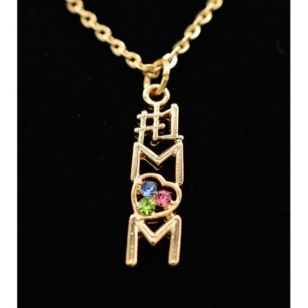 Vintage #1 Mom Pendant Necklace Number One Gold Heart Mother's Day 1980s Bin1D